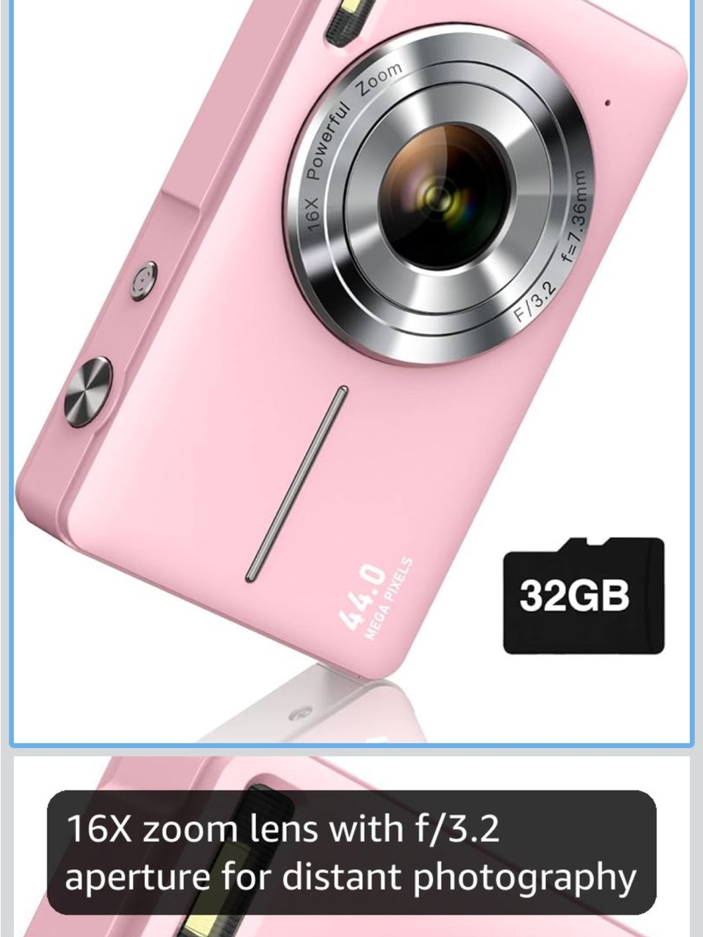 Pink Compact Digital Camera with 16X Zoom - 44MP